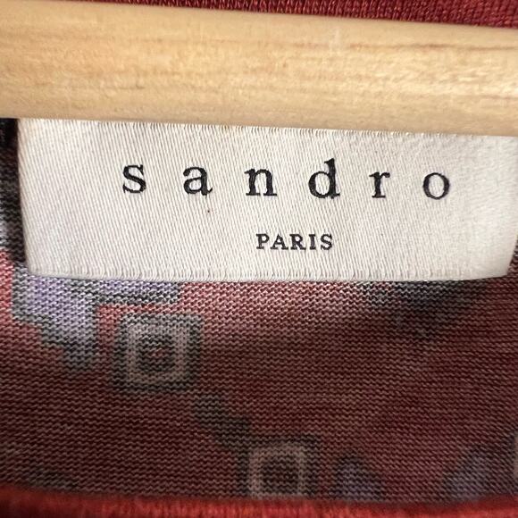 Sandro Red Geometric Print Tie Front Short Sleeve Blouse Size 2 - Picture 8 of 8
